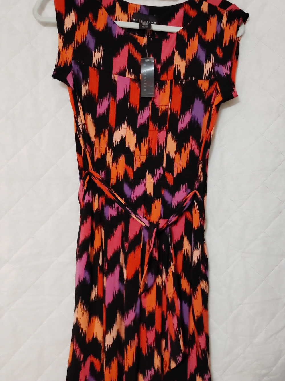 Attention Multi-Color Ikat Print Cap Sleeve Dress with Waist Tie Size XS NWT